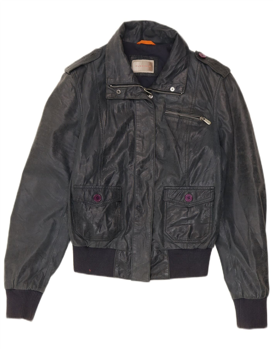 Jaqueta de couro bomber feminina vintage IT 46 grande couro azul marinho