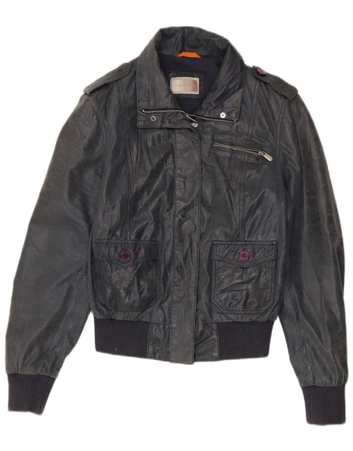 Jaqueta de couro bomber feminina vintage IT 46 grande couro azul marinho