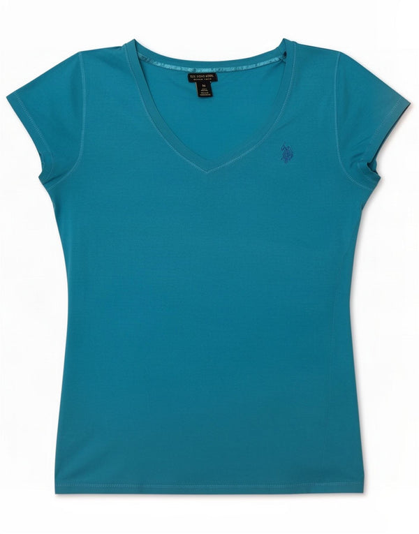 EUA Polo Ass. Camiseta feminina top UK 14 algodão azul médio