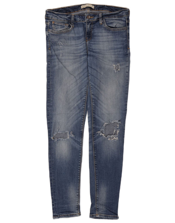 Zara Jeans skinny feminino desgastado UE 38 pequeno W28 L29 azul