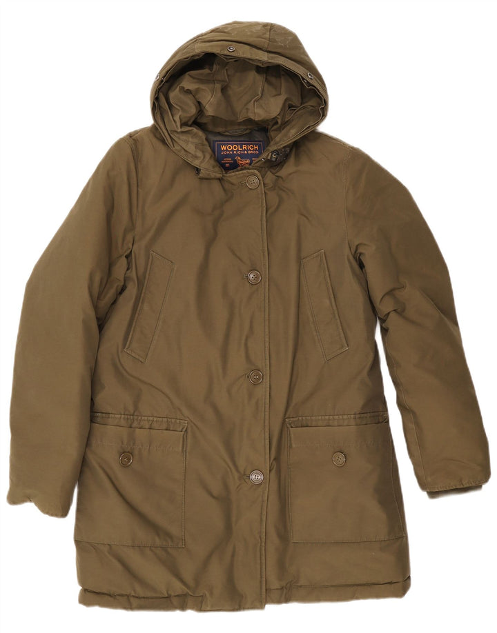 Casaco acolchoado com capuz feminino Woolrich Reino Unido 14 algodão cáqui médio