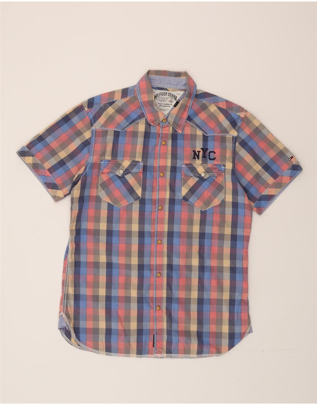 Tommy Hilfiger Camisa masculina gráfica de manga curta grande xadrez multicolorida