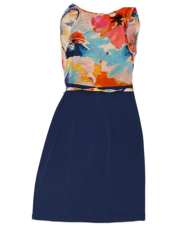 Vestido feminino vintage sem mangas com bainha UK 10 pequeno azul marinho viscose floral