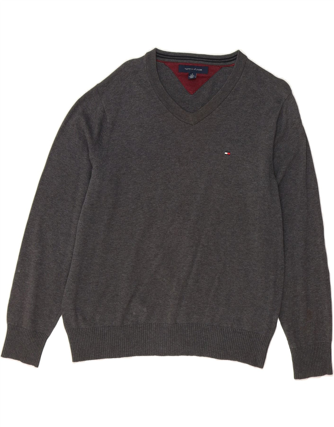 TOMMY HILFIGER Mens V-Neck Jumper Sweater Medium Grey Cotton Vintage Tommy Hilfiger and Second-Hand Tommy Hilfiger from Messina Hembry 