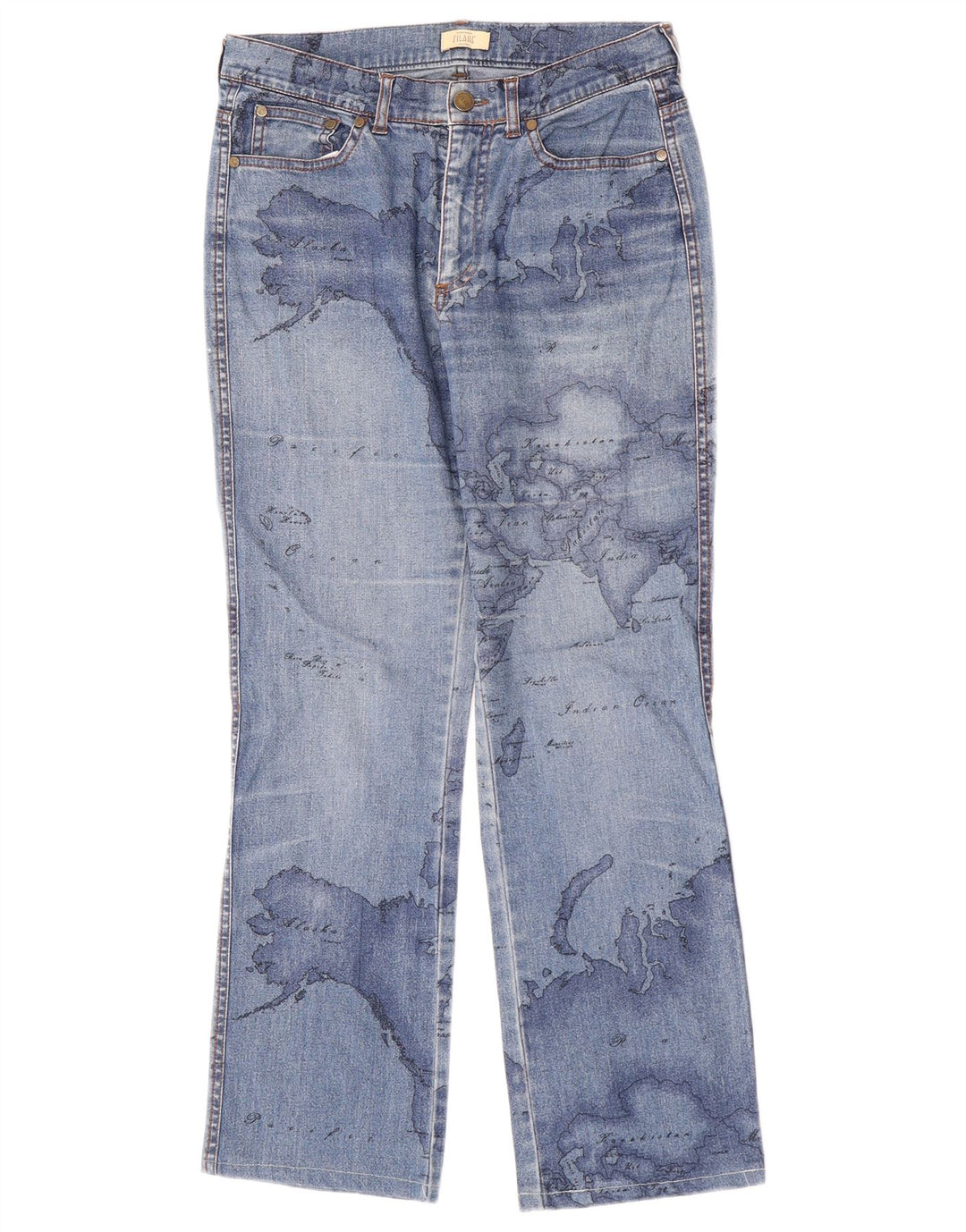 ALVIERO MARTINI Jeans feminino com corte gráfico W27 L27 algodão azul