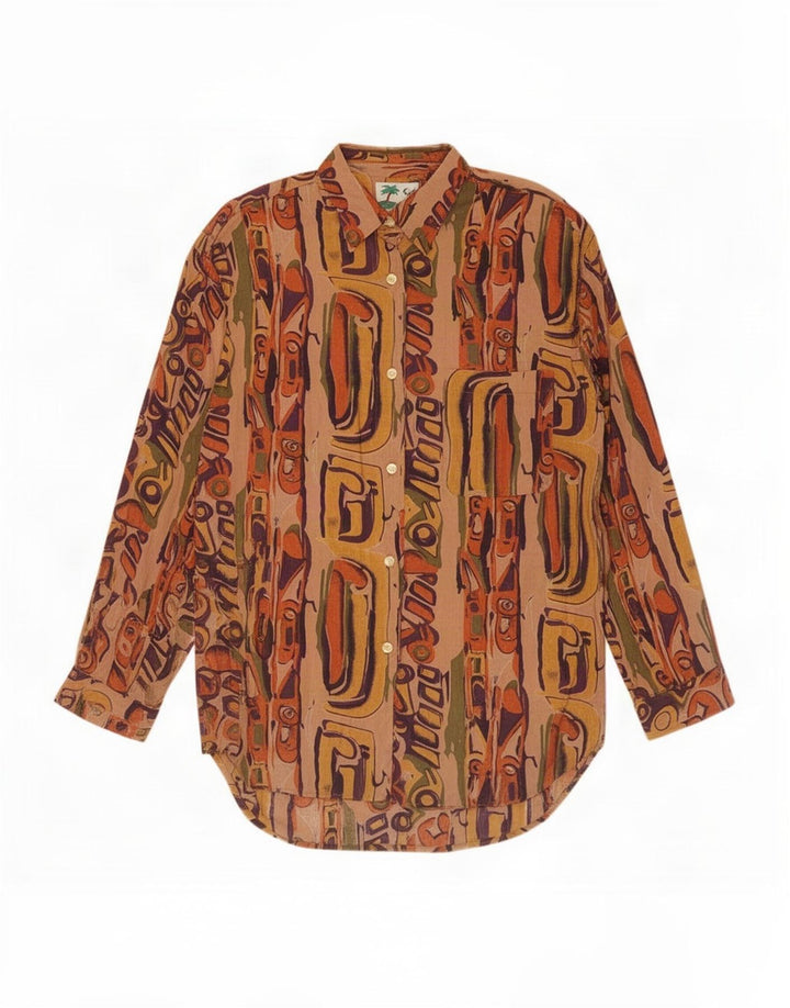 Blusa feminina vintage com estampa abstrata com palangre Reino Unido 14 marrom médio