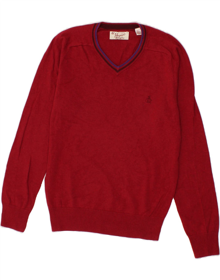 PENGUIN Mens V-Neck Jumper Sweater Medium Red Cotton Vintage Penguin and Second-Hand Penguin from Messina Hembry 