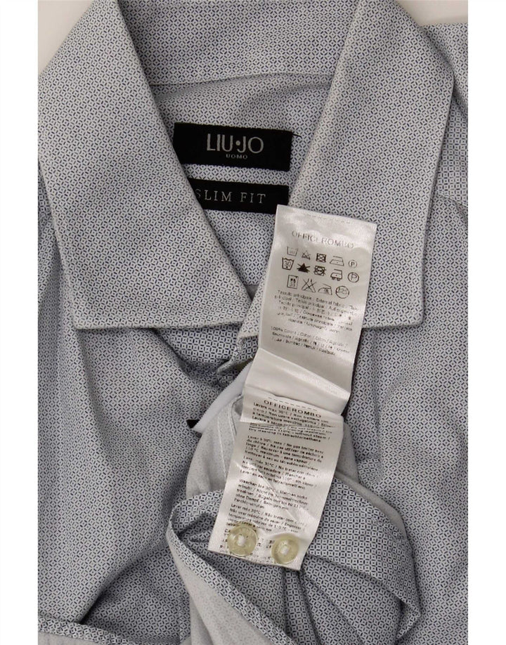 Camisa masculina Liu Jo Slim Fit tamanho 40 algodão geométrico azul médio