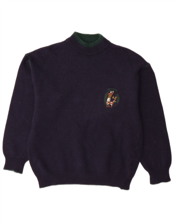 Suéter vintage masculino com gola tartaruga, lã de alpaca azul marinho médio