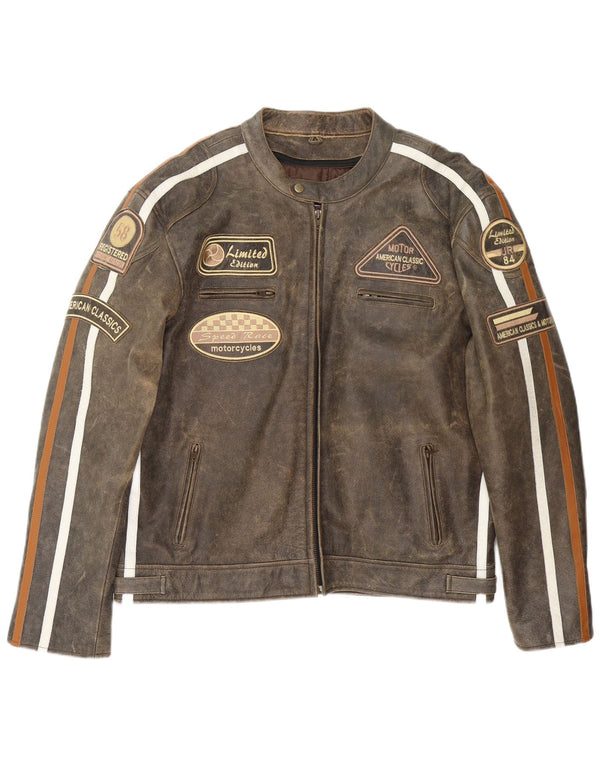 Jaqueta masculina Stina Motorstyle Graphic Leather Racer UK 42 XL marrom