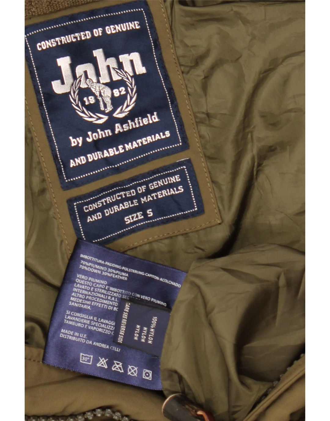 Casaco masculino acolchoado com capuz JOHN ASHFIELD Reino Unido 36 pequeno cáqui nylon