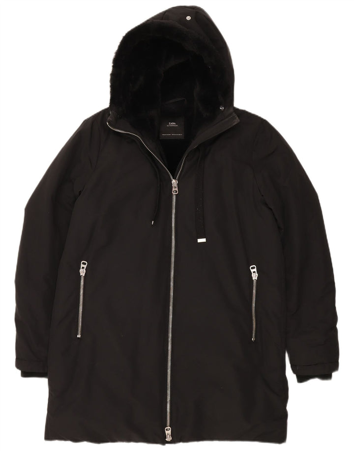 Casaco corta-vento feminino Sherpa com capuz ZARA Reino Unido 14 poliéster preto médio