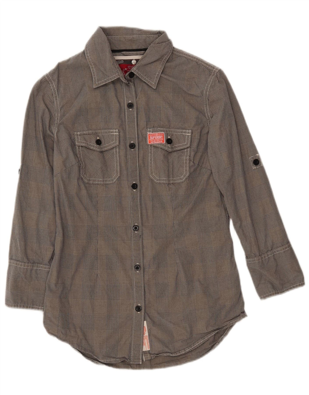 Camisa feminina Superdry manga 3/4 Reino Unido 10 algodão houndstooth cinza pequeno