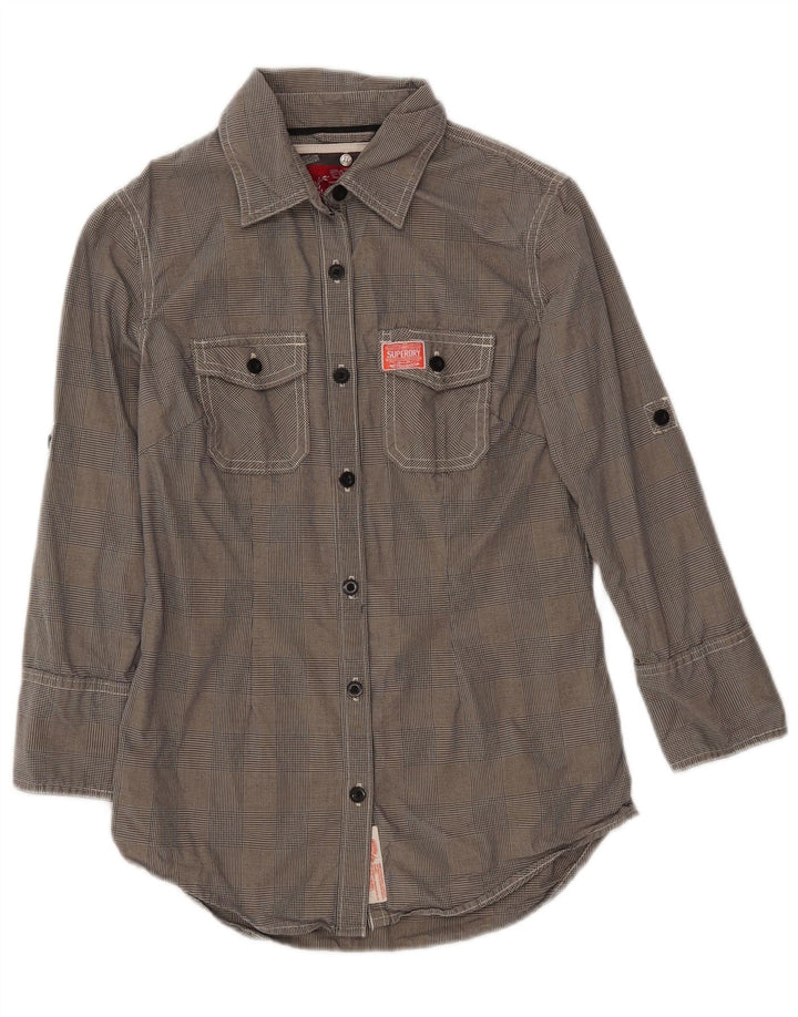 Camisa feminina Superdry manga 3/4 Reino Unido 10 algodão houndstooth cinza pequeno