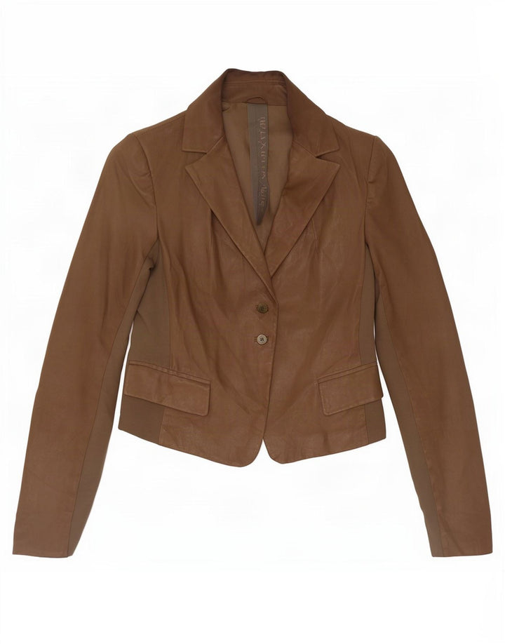 Patrizia Pepe Jaqueta blazer feminina de couro com 2 botões IT 44 marrom médio