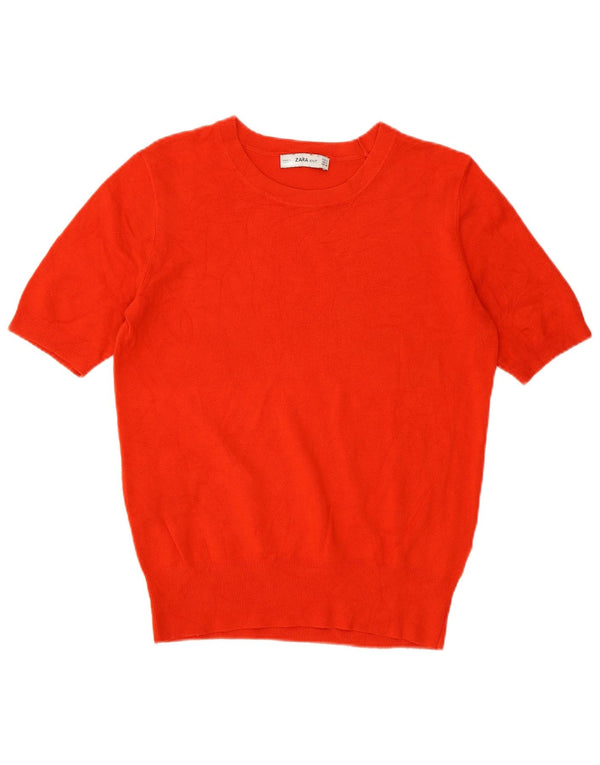 Suéter feminino Zara de manga curta com gola redonda Reino Unido 14 viscose vermelha média