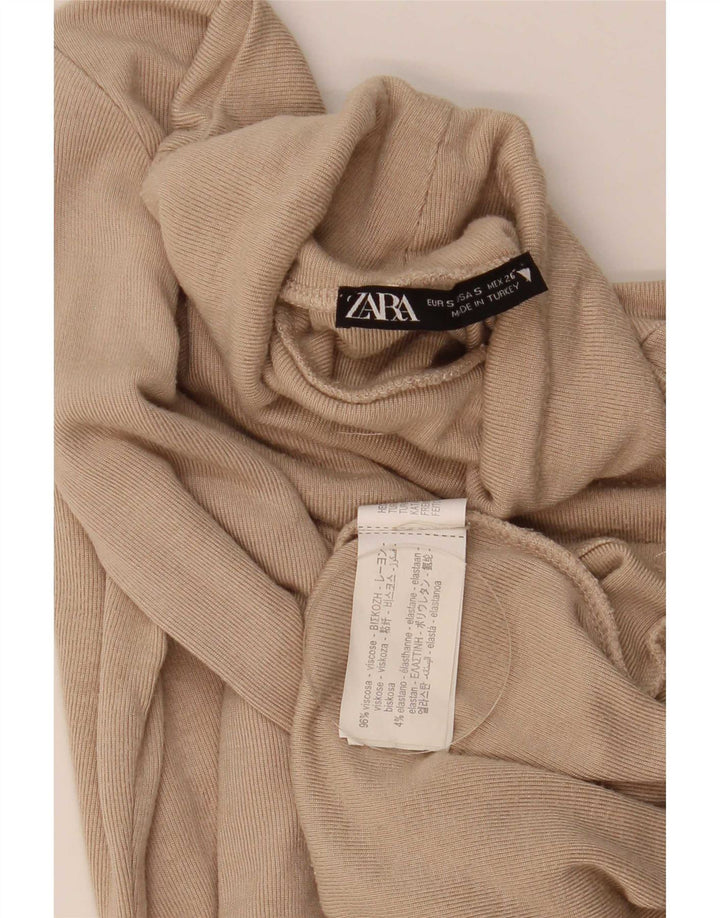 Zara Top curto feminino manga comprida UK 8 pequeno bege viscose