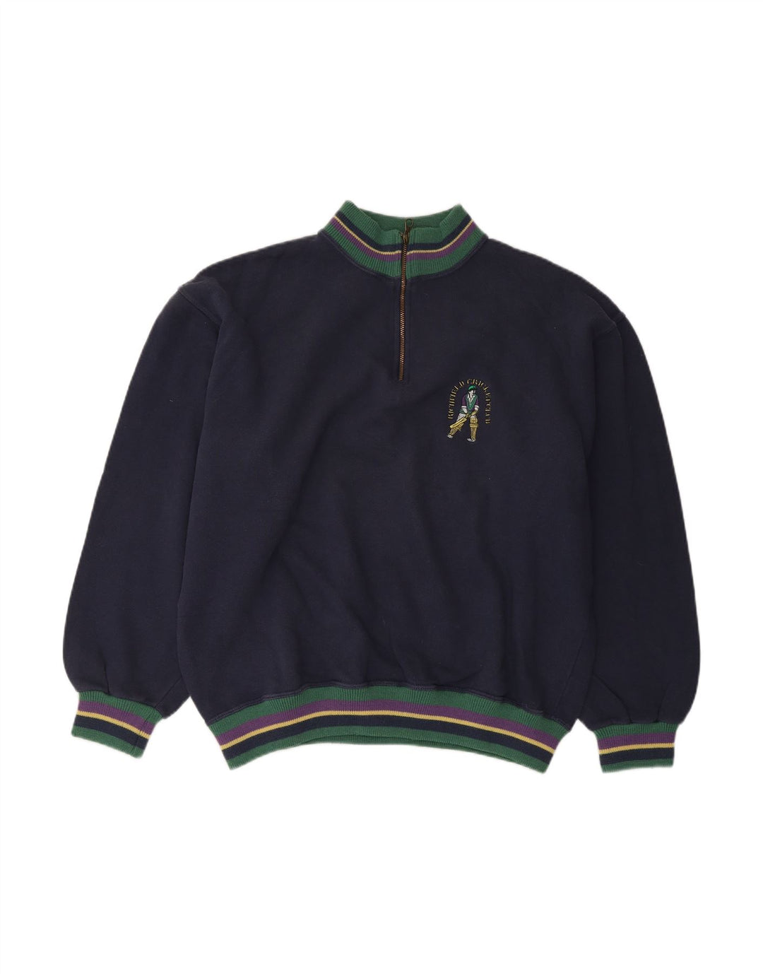 Suéter masculino VINTAGE com zíper e gola grande de algodão azul marinho
