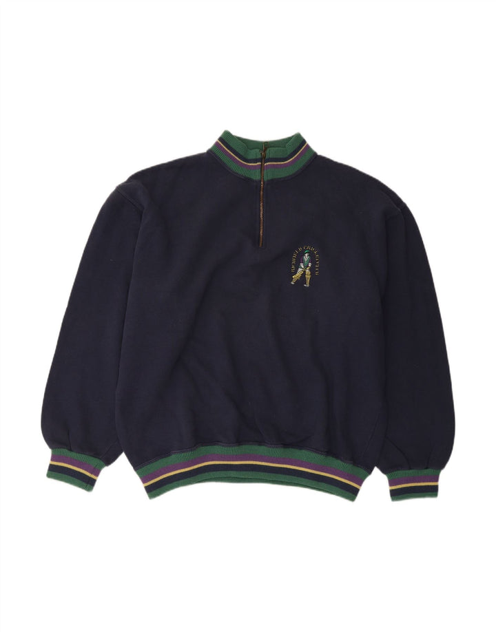 Suéter masculino VINTAGE com zíper e gola grande de algodão azul marinho