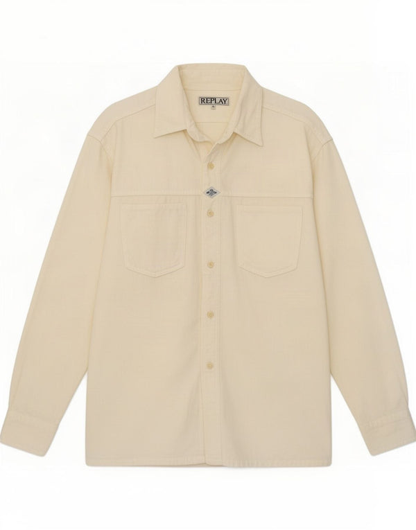 Replay Camisa masculina de veludo cotelê médio off white