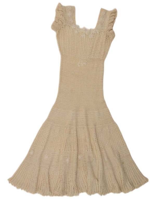 Vestido maxi feminino vintage sem mangas de crochê UK 10 pequeno floral branco