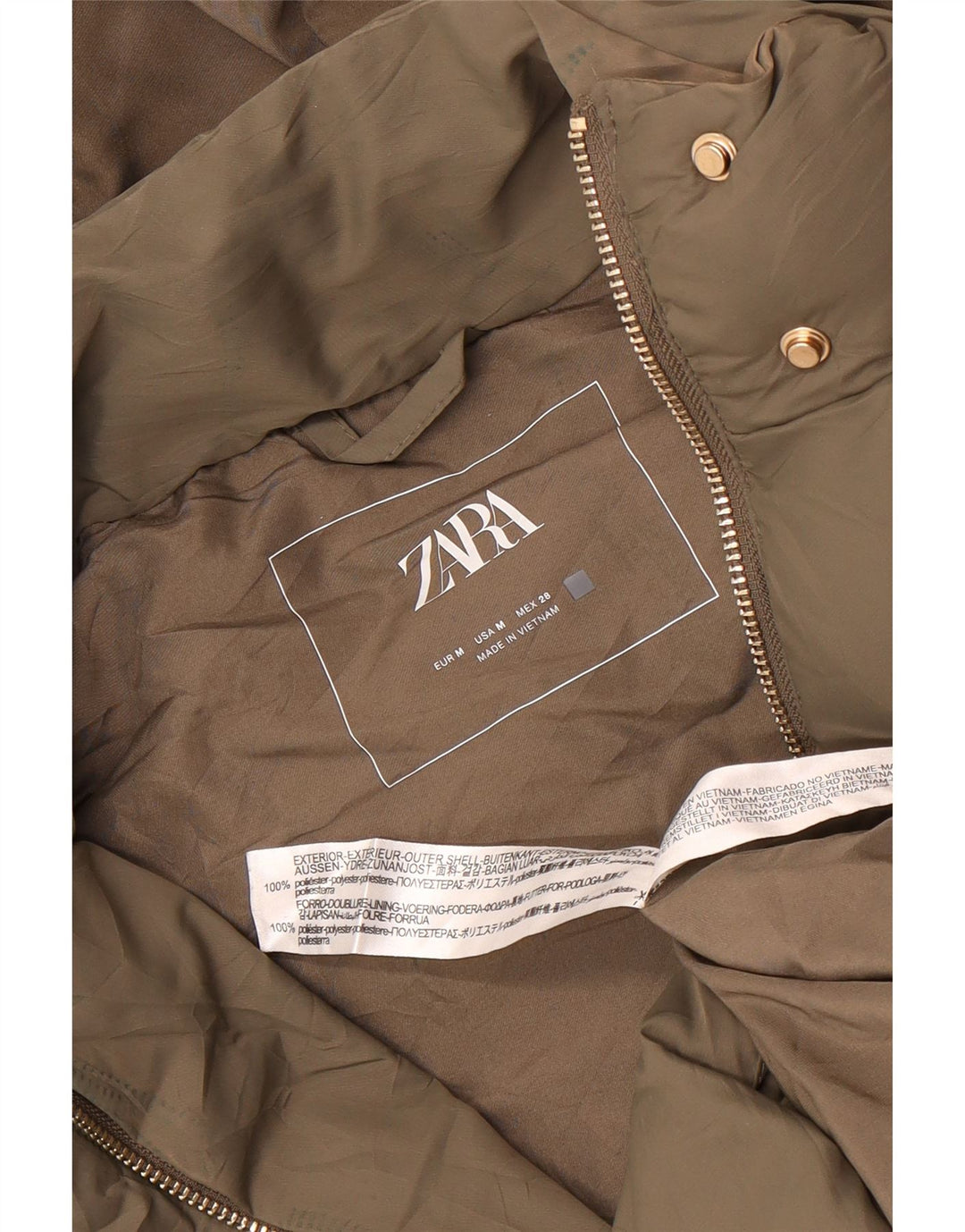 Zara Womens Longline Hooded Gilet UK 14 Medium Khaki Poliéster