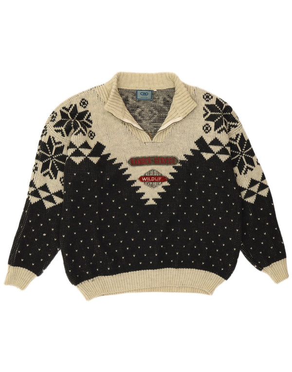 Suéter masculino Cido com gola polo gráfica grande preto Fair Isle acrílico