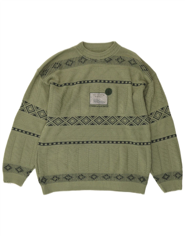 Suéter masculino vintage com gola redonda e gola redonda médio verde geométrico