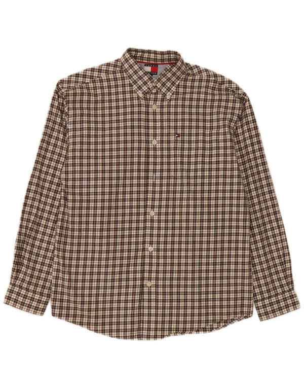 Camisa de flanela masculina Tommy Hilfiger 13-14 anos grande algodão xadrez marrom