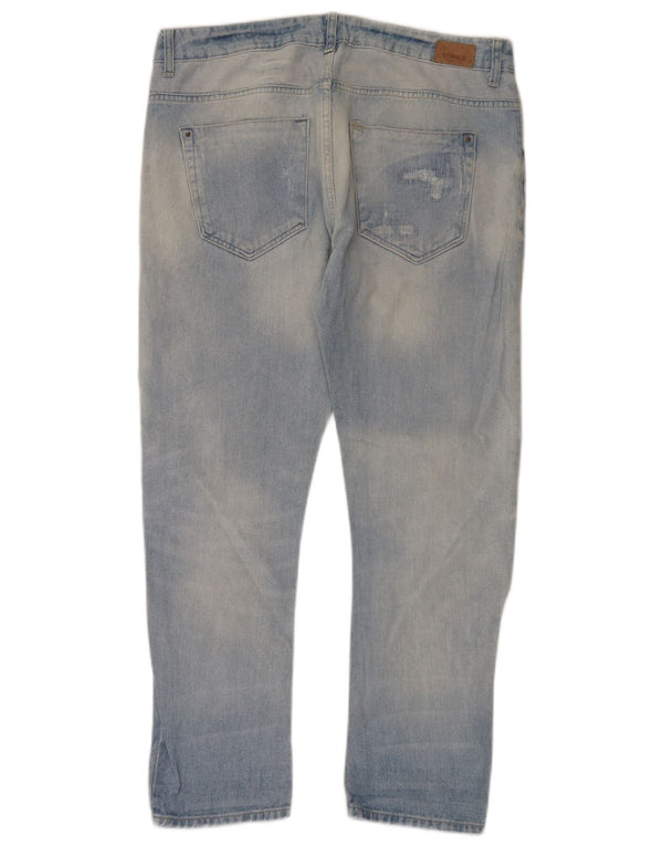 Zara Calça jeans reta feminina desgastada UE 42 grande W32 L29 algodão azul