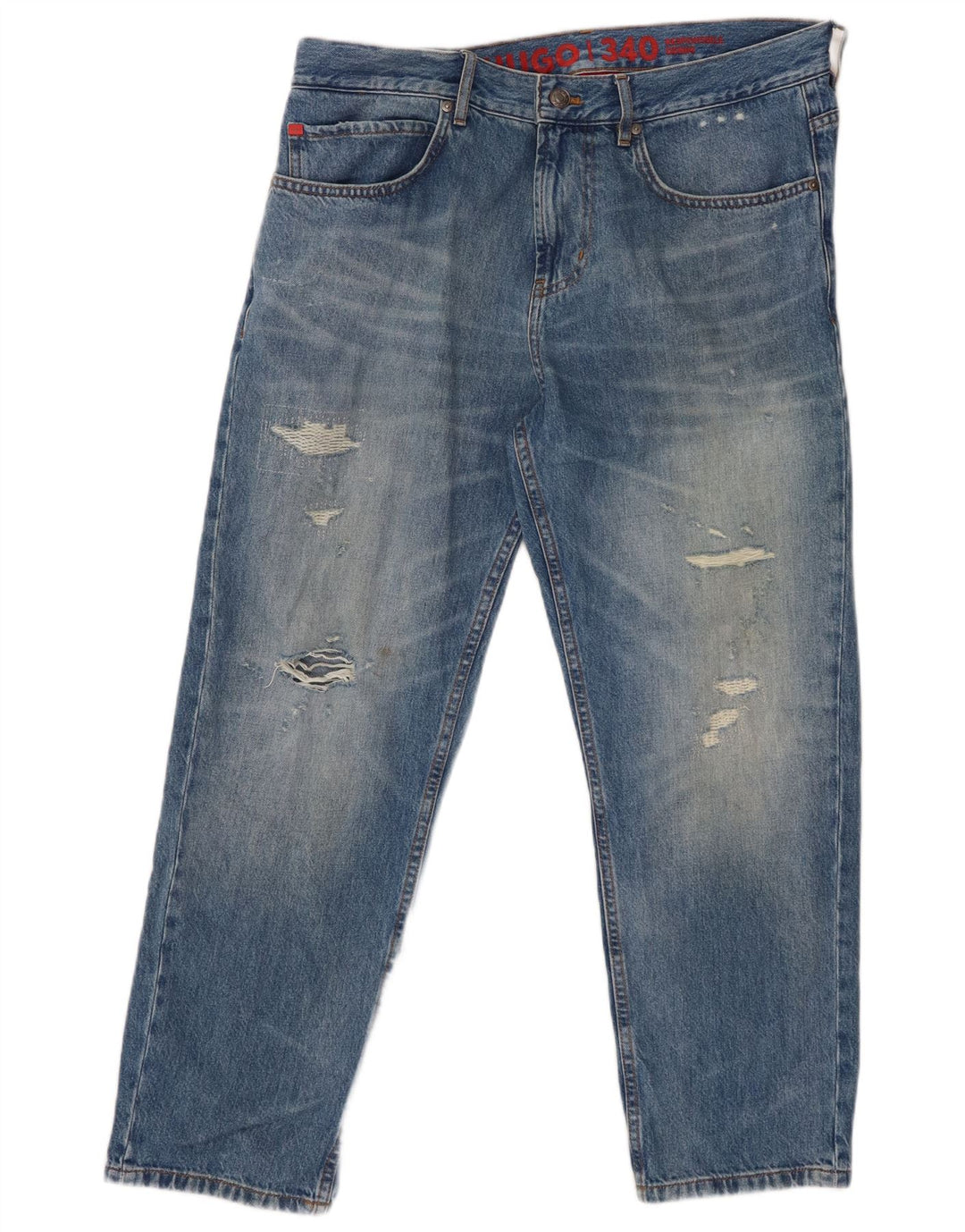 HUGO BOSS Calça jeans reta masculina desgastada W34 L27 algodão azul