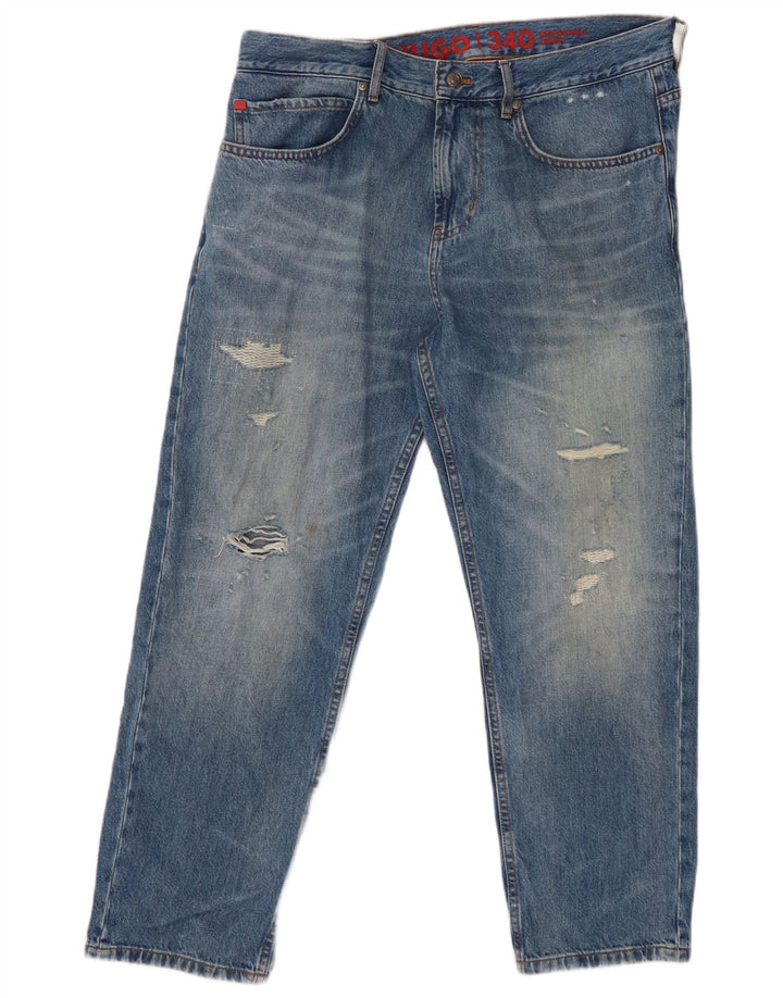 HUGO BOSS Calça jeans reta masculina desgastada W34 L27 algodão azul