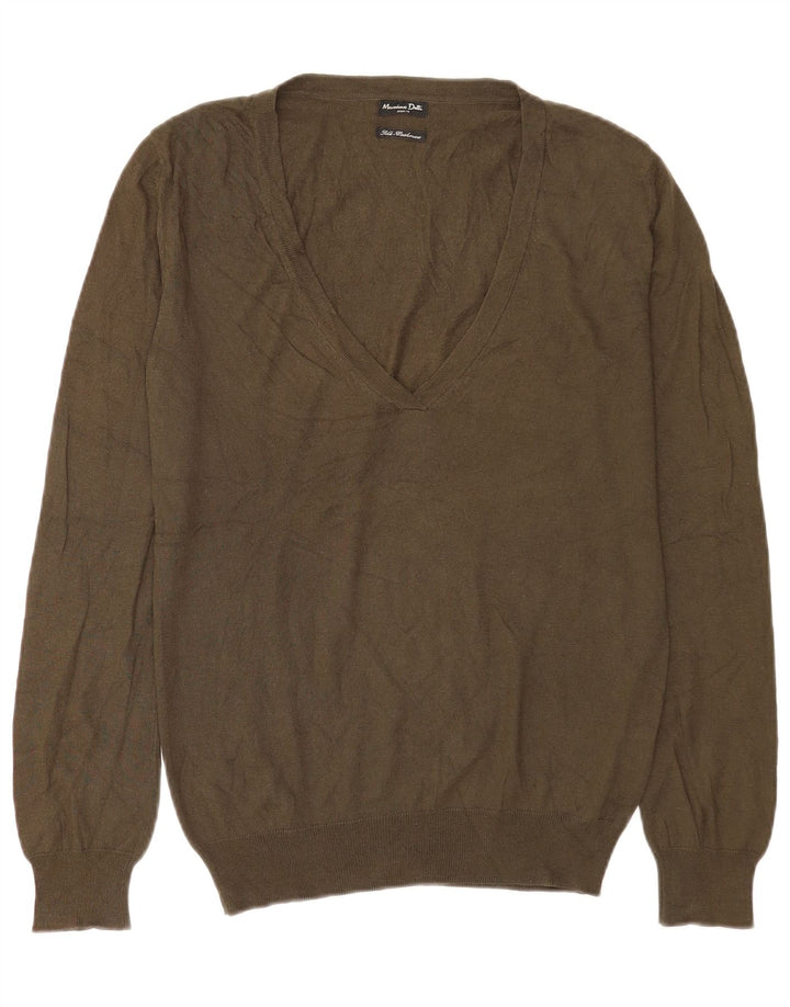Suéter feminino Massimo Dutti com decote em V Reino Unido 14 seda cáqui médio
