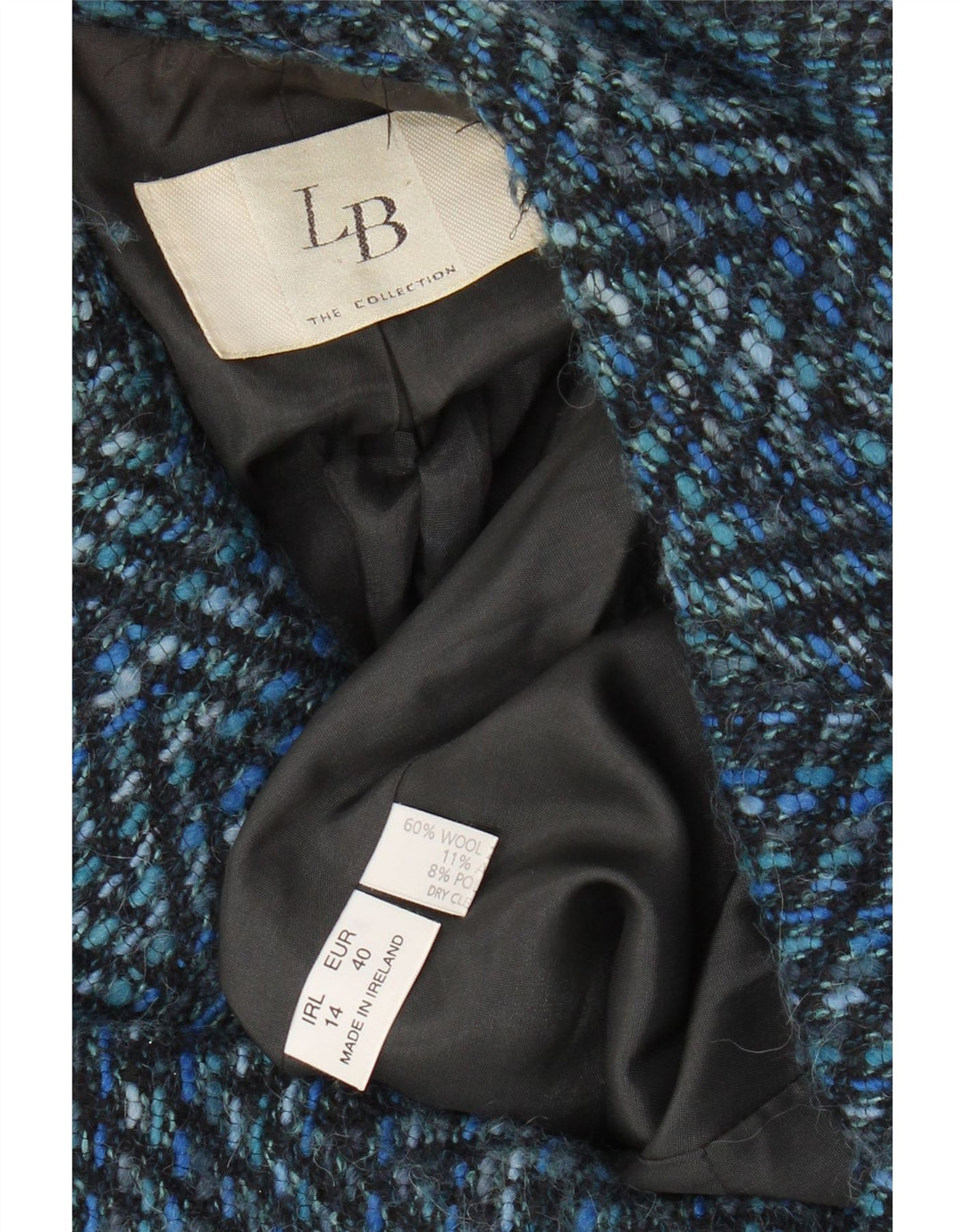 Jaqueta blazer feminina VINTAGE com 3 botões Reino Unido 14 lã chevron azul médio