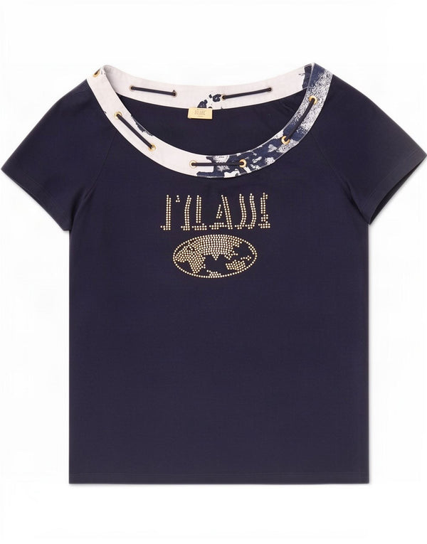 ALVIERO MARTINI Camiseta feminina gráfica Top UK 20 2XL Azul marinho Colorblock