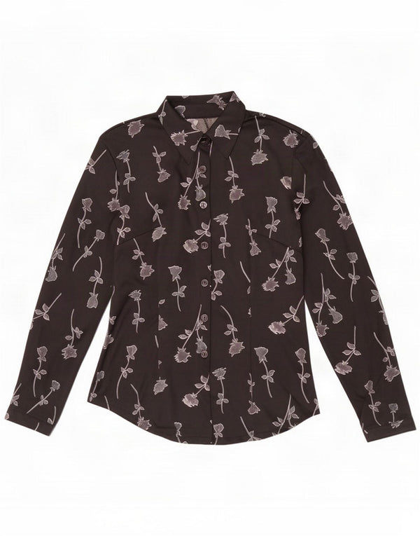 Blusa camisa feminina vintage UK 12 poliéster floral preto médio