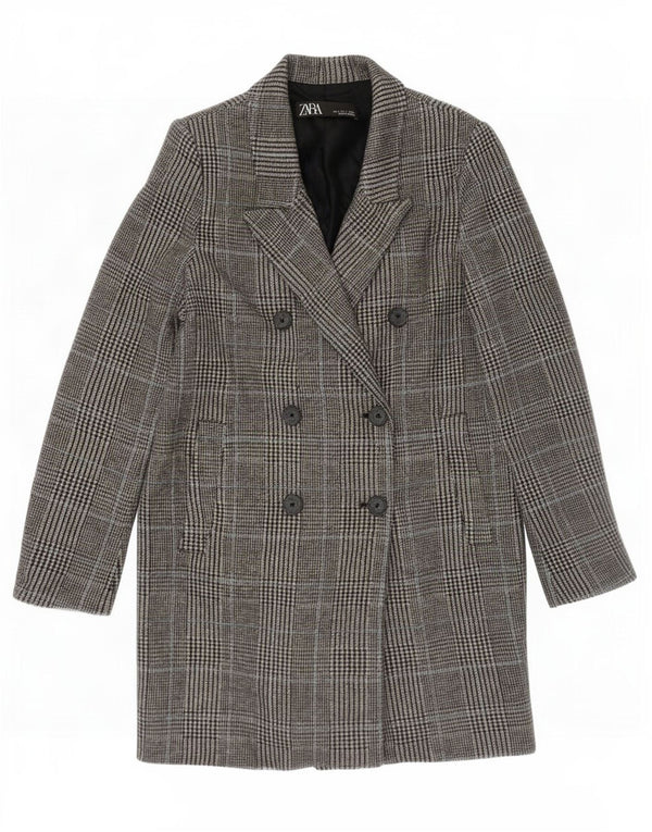 Zara Womens Loose Fit Double Breasted Coat UK 10 Small Grey Houndstooth