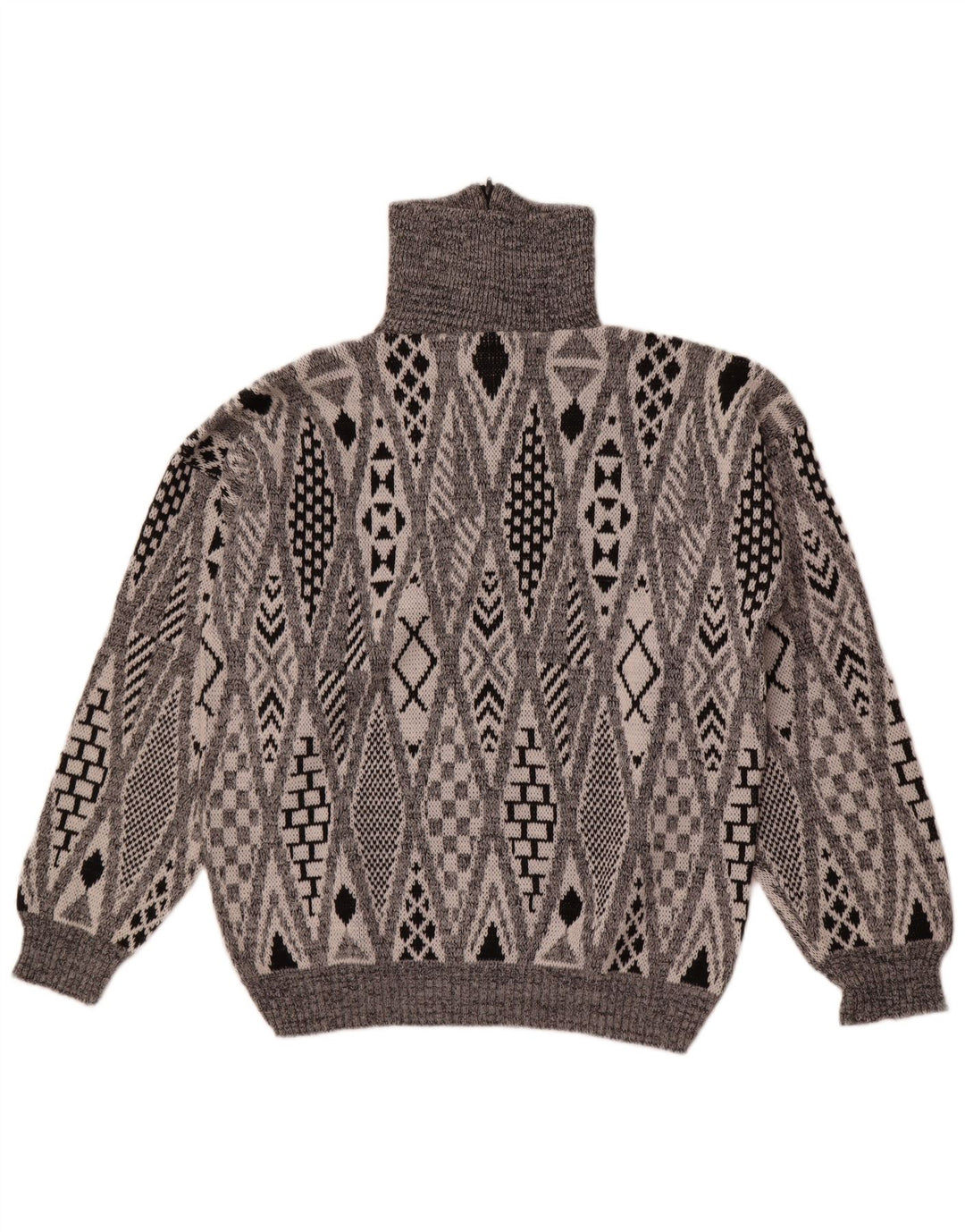 Suéter vintage masculino com zíper e pescoço grande acrílico geométrico cinza