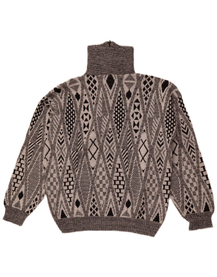 Suéter vintage masculino com zíper e pescoço grande acrílico geométrico cinza