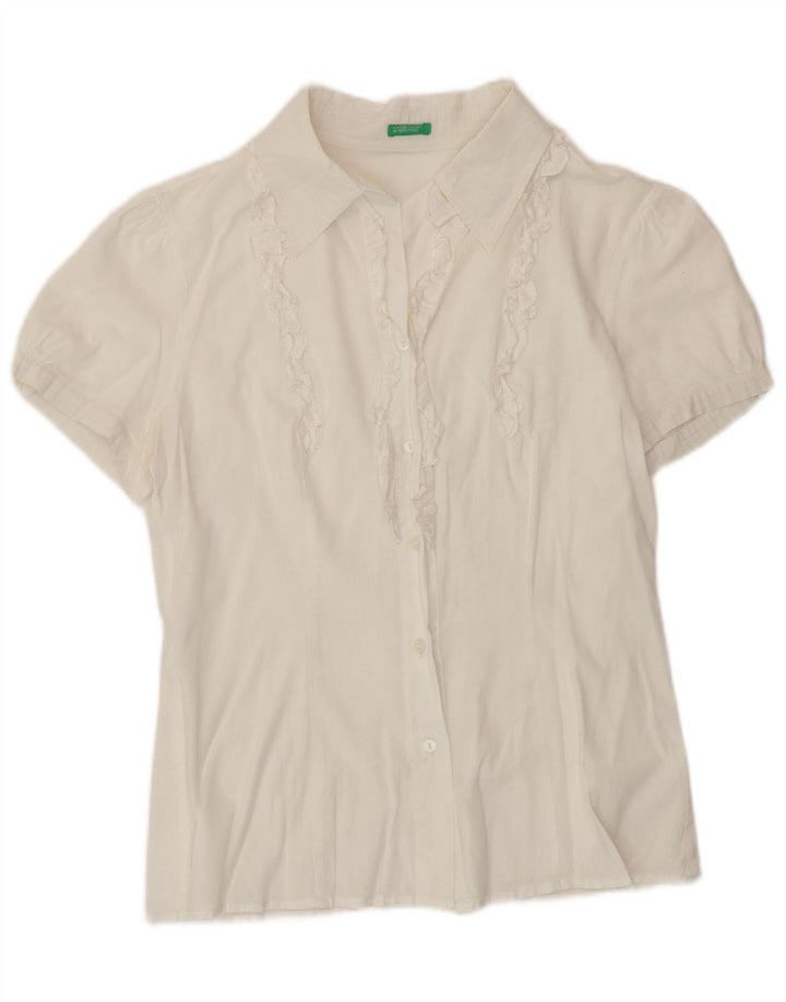 Blusa feminina de manga curta com babados na frente da Benetton Reino Unido 12 médio branco