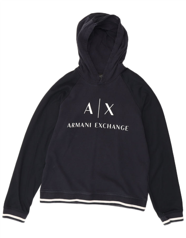 ARMANI EXCHANGE Suéter com capuz gráfico masculino grande algodão azul marinho
