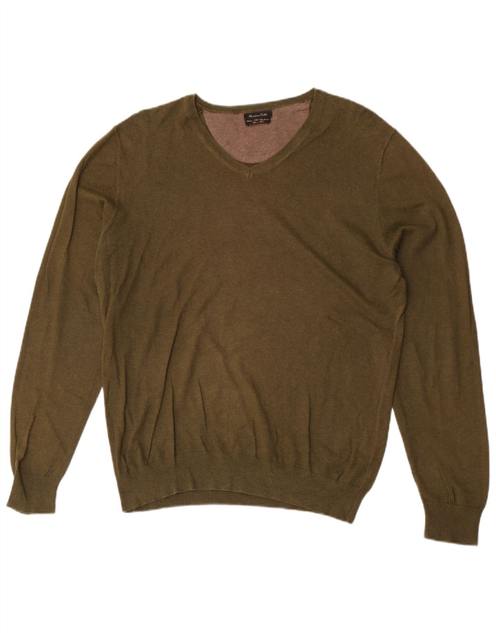 Suéter masculino Massimo Dutti com decote em V, algodão cáqui médio