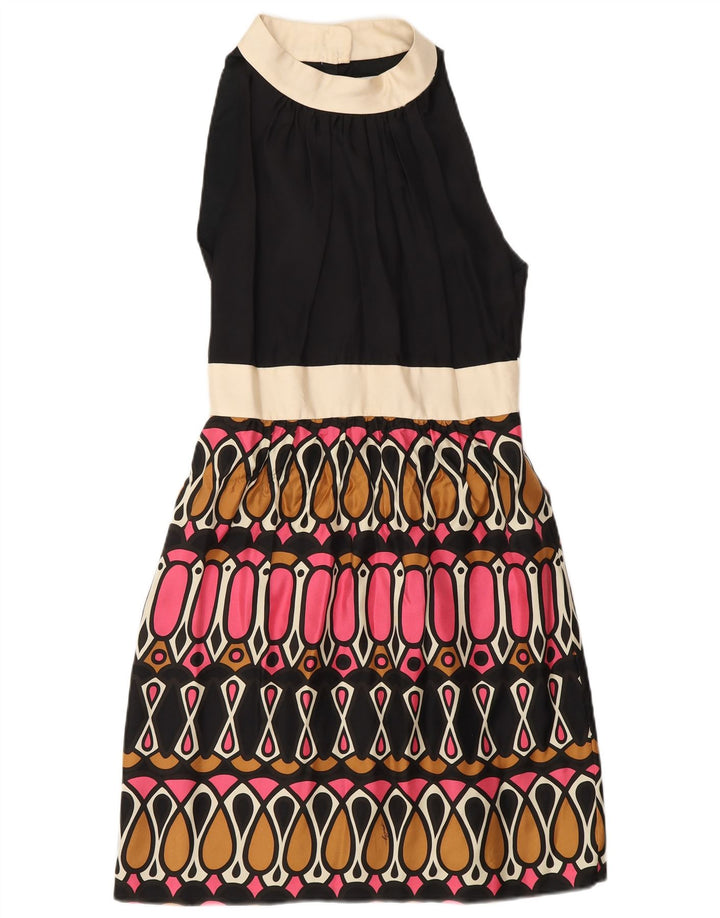 Vestido feminino MILLY sem mangas evasê US 6 seda geométrica preta média