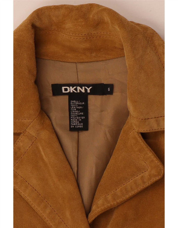 Jaqueta blazer feminina de camurça com 3 botões Dkny EUA 6 couro bege médio