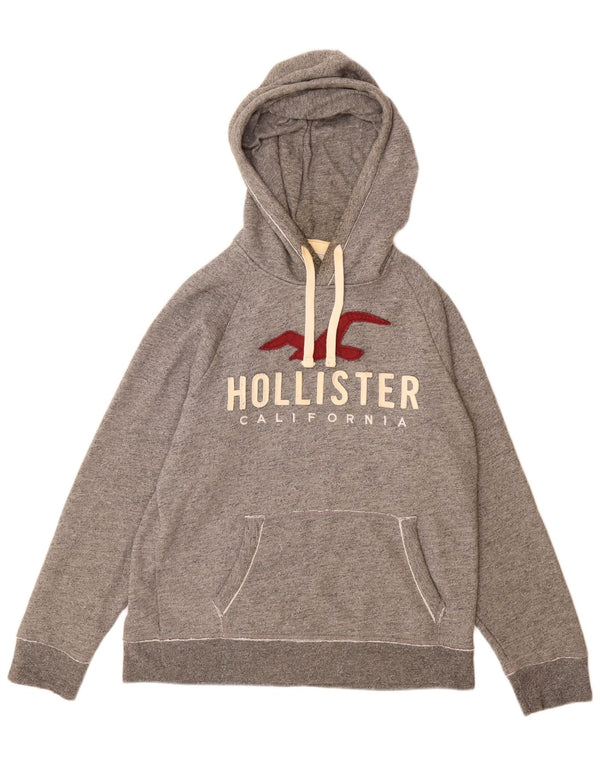 Suéter masculino com capuz gráfico Hollister de algodão manchado cinza médio