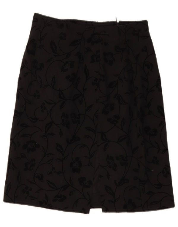 Saia feminina vintage evasê UK 10 pequena W28 poliéster floral preto