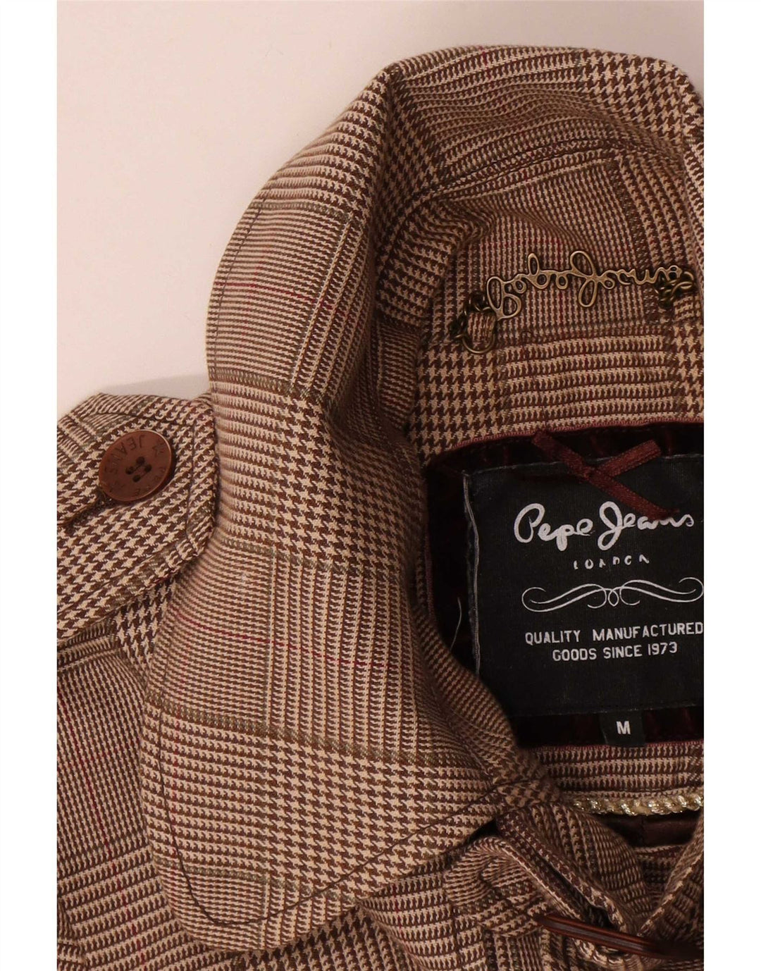 PEPE Jeans feminino com cinto ervilha casaco Reino Unido 14 médio marrom houndstooth algodão