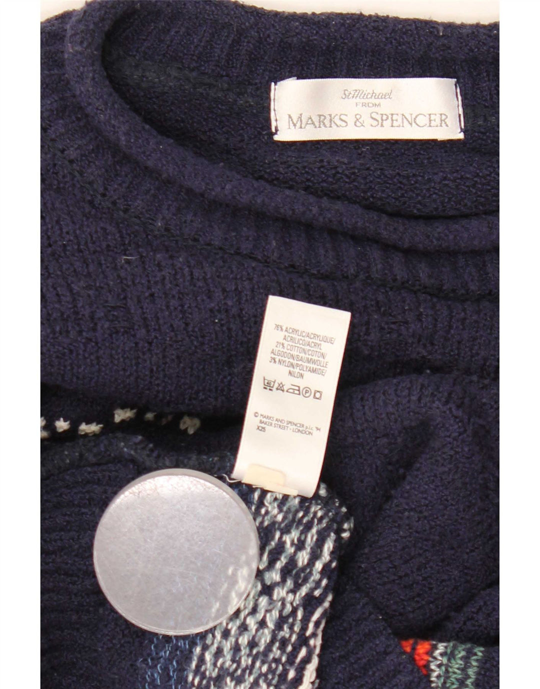 Suéter masculino Marks & Spencer com gola redonda grande azul marinho Fair Isle
