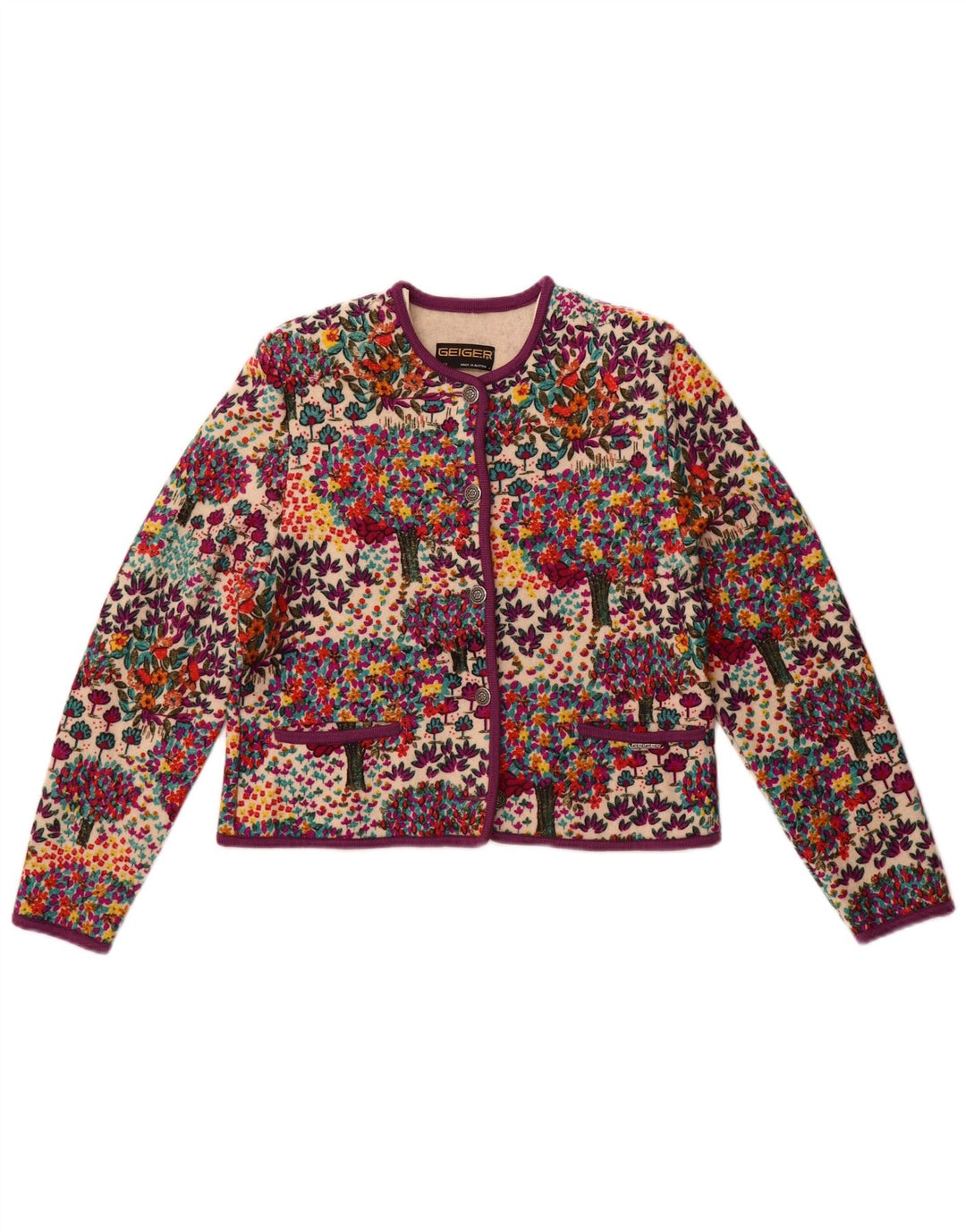 Suéter cardigã feminino Geiger EU 42 grande multicolorido floral de lã nova