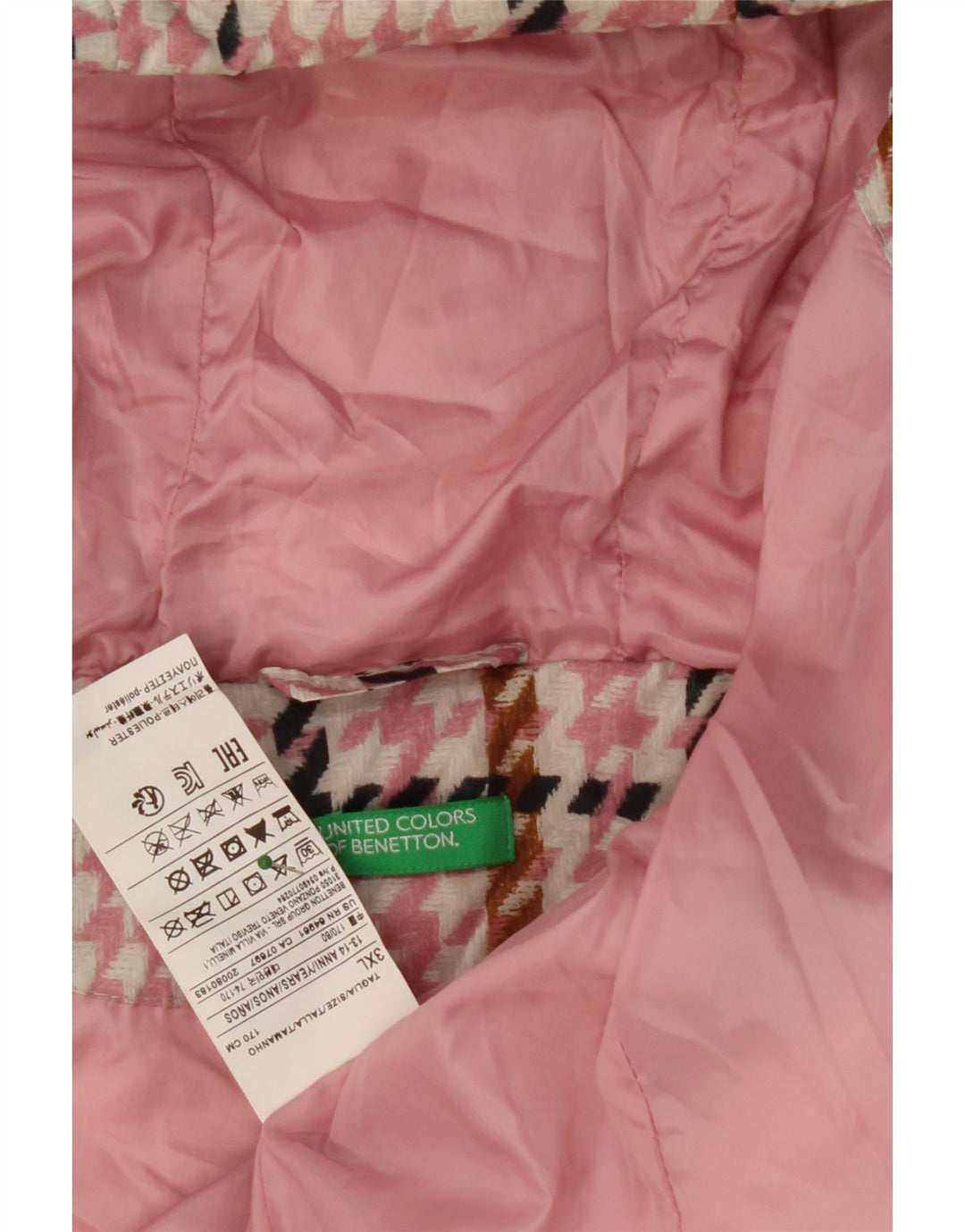 BENETTON Girls Hooded Padded Coat 13-14 Years 3XL Pink Houndstooth Vintage Benetton and Second-Hand Benetton from Messina Hembry 